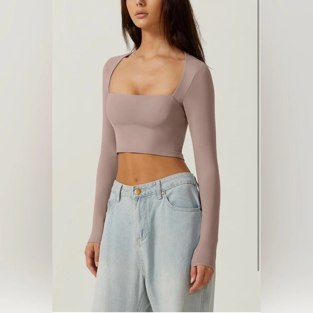 QINSEN Square Neck Long Sleeve Slim Fit Crop Top Cropped T Shirts Size L